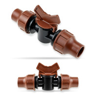 Zaworek LOCK 16 × 16 Rain Bird – dwa ujęcia: pokrętło i dwie nakrętki LOCK, widok 3/4 i widok z przodu