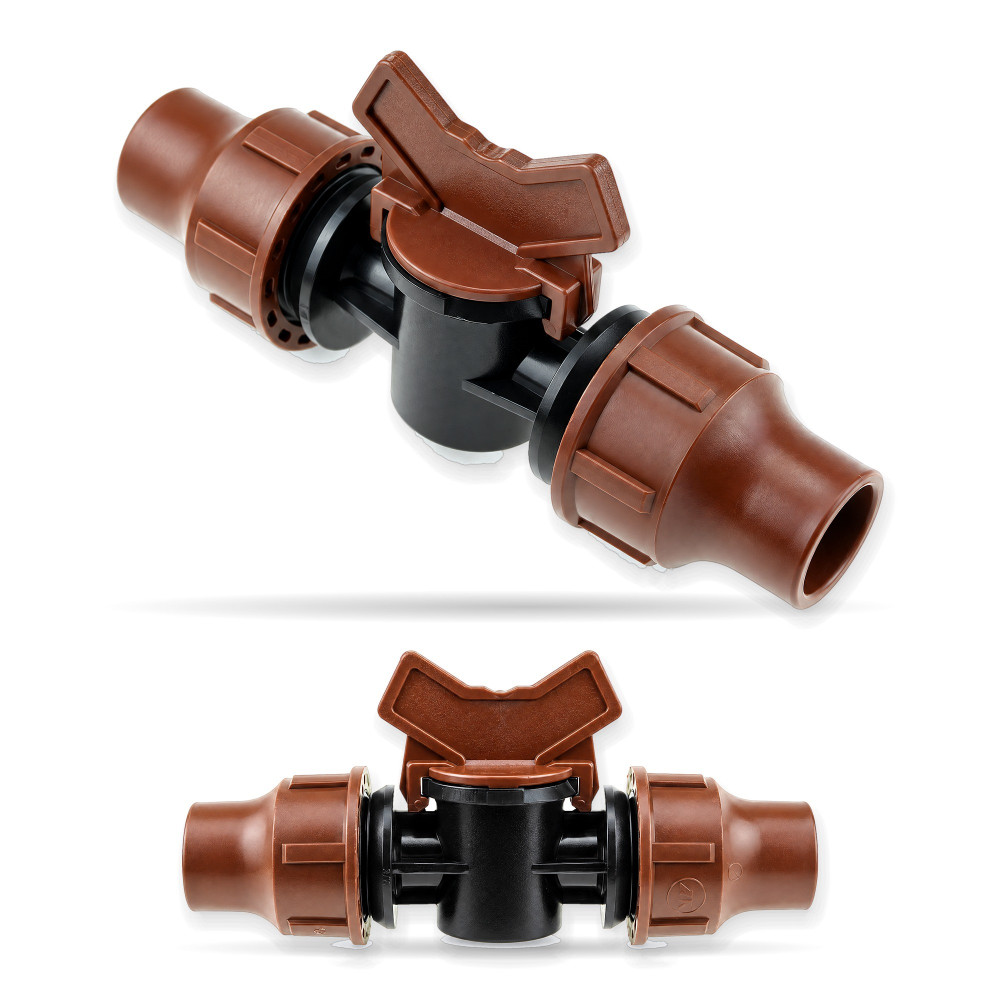 Zaworek LOCK 16 × 16 Rain Bird – dwa ujęcia: pokrętło i dwie nakrętki LOCK, widok 3/4 i widok z przodu