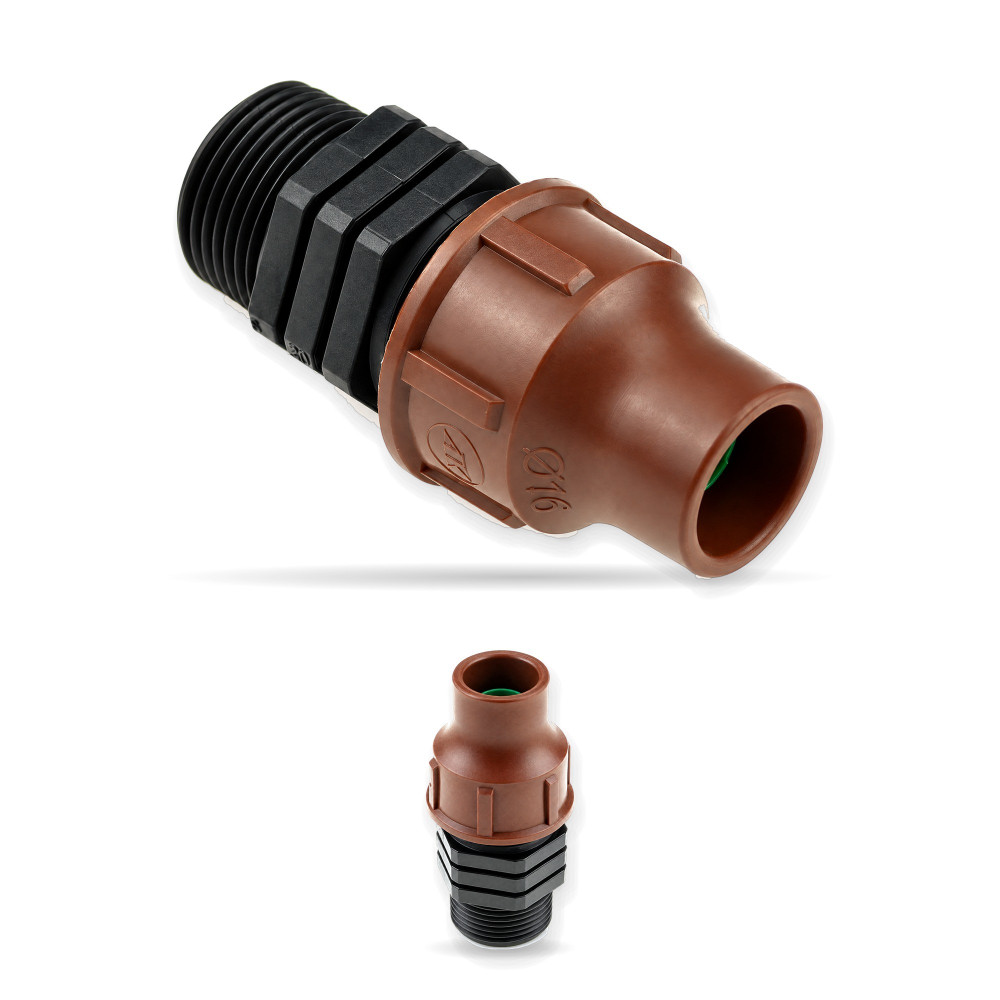 Złączka LOCK 16 × ¾″ GZ Rain Bird – dwa ujęcia: nakrętka LOCK i gwint zewnętrzny ¾″ i widok z boku