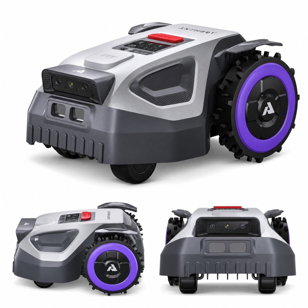 Anthbot M9 – robot koszący RTK z dwiema kamerami: widok z przodu pod kątem, z boku i od przodu