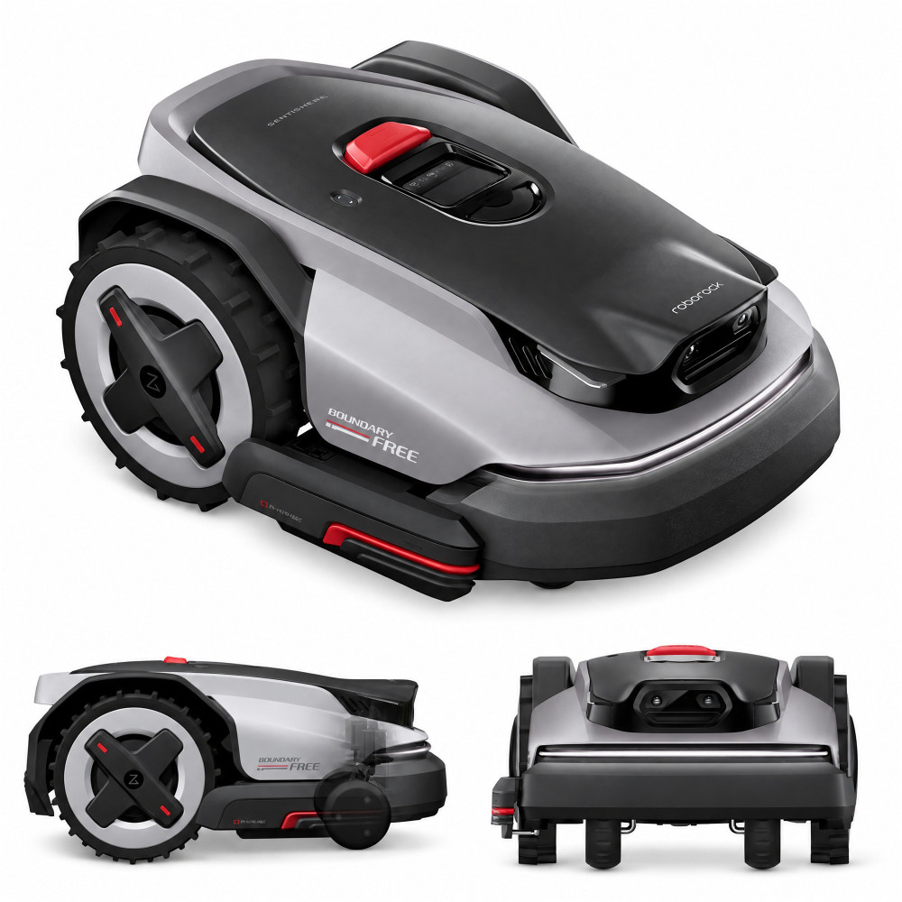Roborock RockMow S115 – robot koszący z siecią RTK i kamerą: widok z przodu pod kątem, z boku z PreciEdge i od przodu