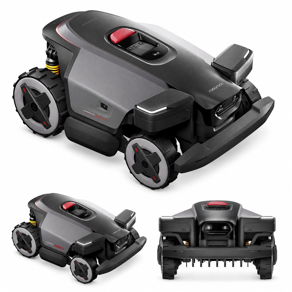 Roborock RockMow Z115 – robot koszący AWD z siecią RTK i kamerą: widok z przodu pod kątem z obu stron i od przodu