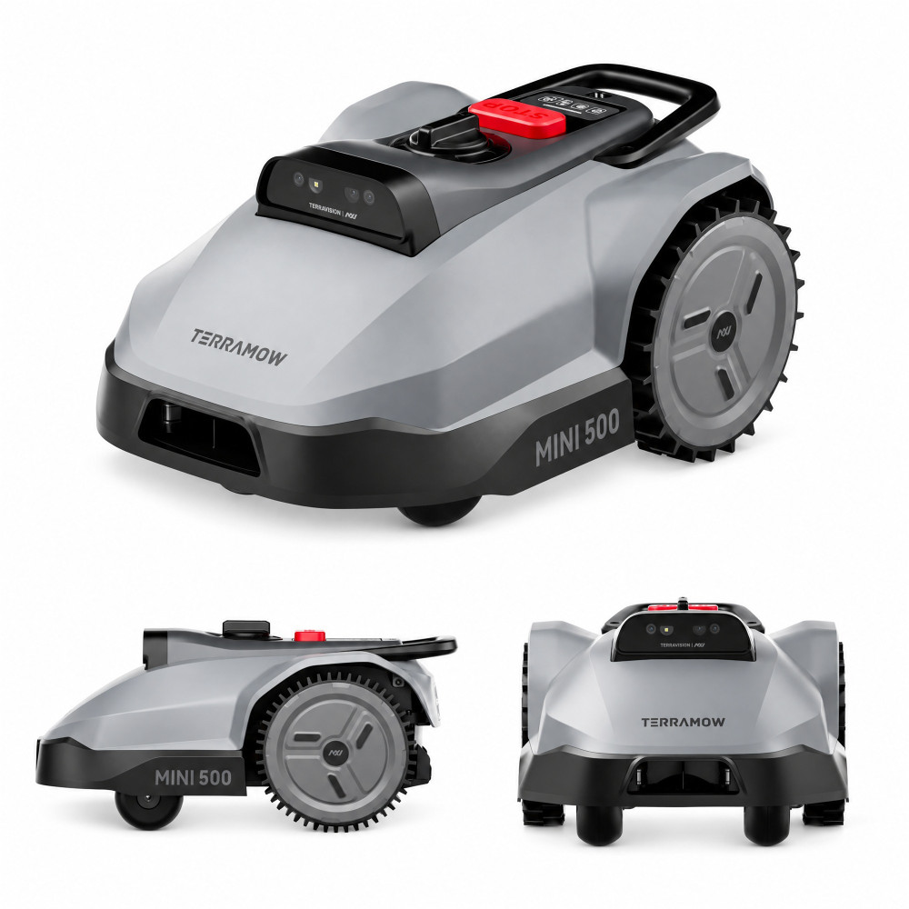 TerraMow Mini 500 – robot koszący z kamerami: widok z przodu pod kątem, z boku i od przodu