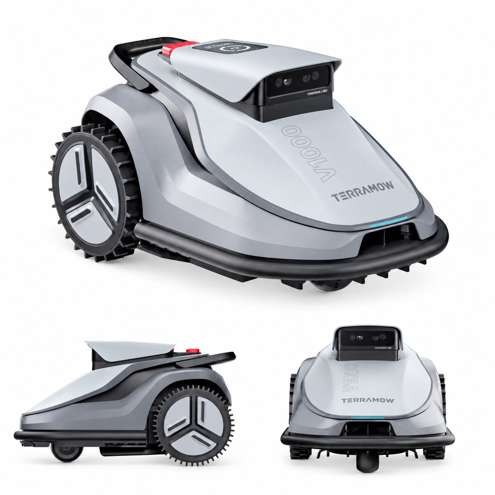 TerraMow V1000 – robot koszący z potrójną kamerą: widok z przodu pod kątem, z boku i od przodu