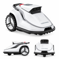 TerraMow V600 – robot koszący z potrójną kamerą: widok z przodu pod kątem, z boku i od przodu