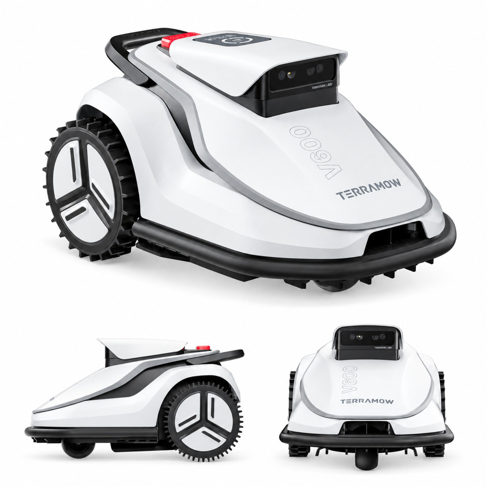 TerraMow V600 – robot koszący z potrójną kamerą: widok z przodu pod kątem, z boku i od przodu