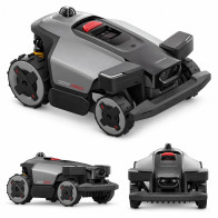 Roborock RockMow Z120 LiDAR – robot koszący 4WD z 3D LiDAR: widok z przodu pod kątem, z boku i od przodu