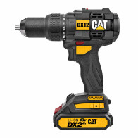 Udarowa wiertarko-wkrętarka CAT DX12 18V – widok z boku z akumulatorem 2,0 Ah