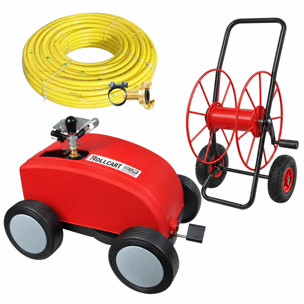 Zestaw Perrot Rollcart V-3 z HoseCar i wężem – komplet: wózek Rollcart V-3, wózek na wąż HoseCar i wąż 1″ 100 m