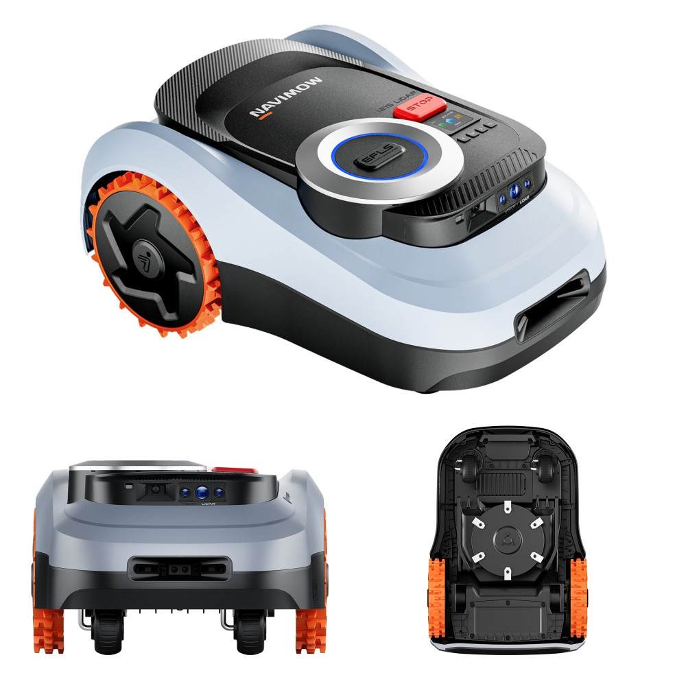 Segway Navimow i215 LiDAR – robot koszący do 1500 m² w trzech ujęciach: 3/4 z oznaczeniem modelu, przód i spód