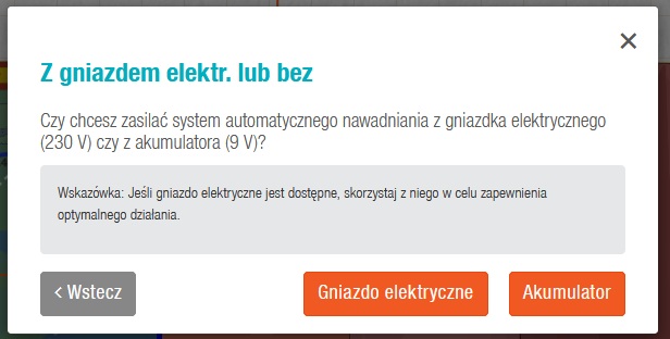 Okno wyboru zasilania sterownika w programie MyGarden