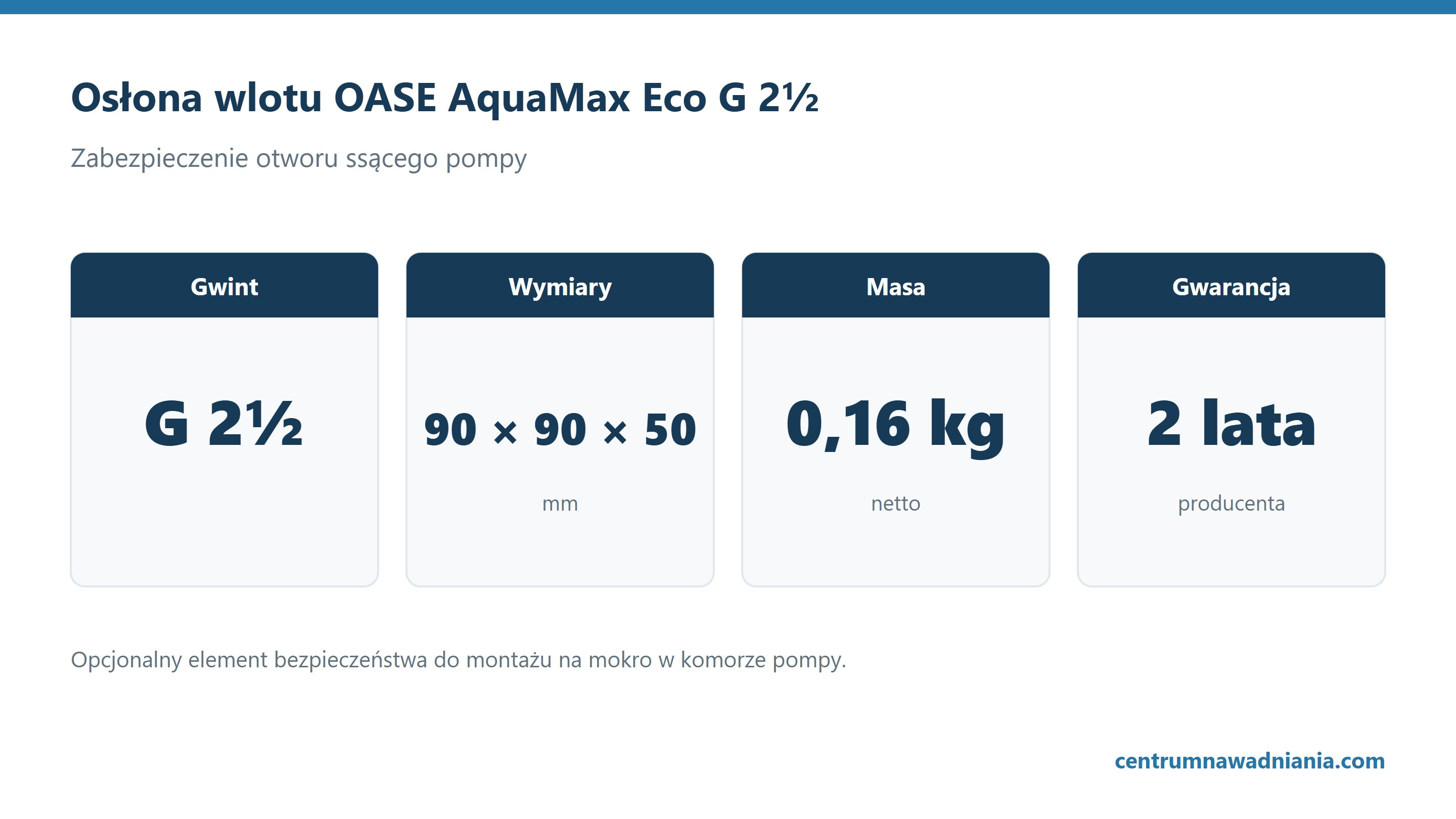 Osłona wlotu OASE AquaMax Eco G 2½: Gwint G 2½, Wymiary 90 × 90 × 50, Masa 0,16 kg, Gwarancja 2 lata