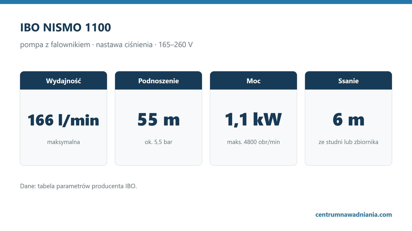IBO NISMO 1100: Wydajność 166 l/min, Podnoszenie 55 m, Moc 1,1 kW, Ssanie 6 m