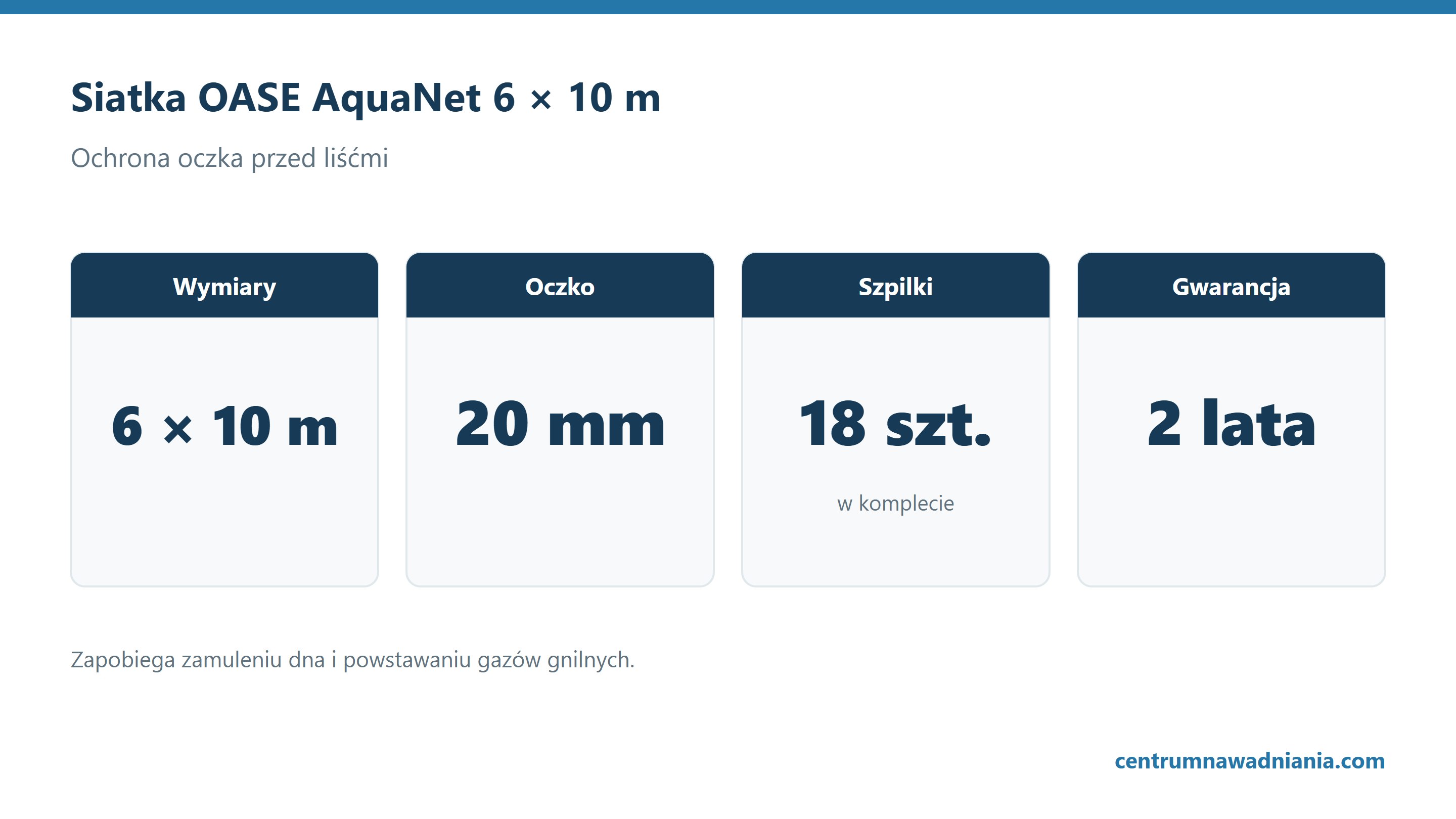 Siatka OASE AquaNet 6 × 10 m: Wymiary 6 × 10 m, Oczko 20 mm, Szpilki 18 szt., Gwarancja 2 lata