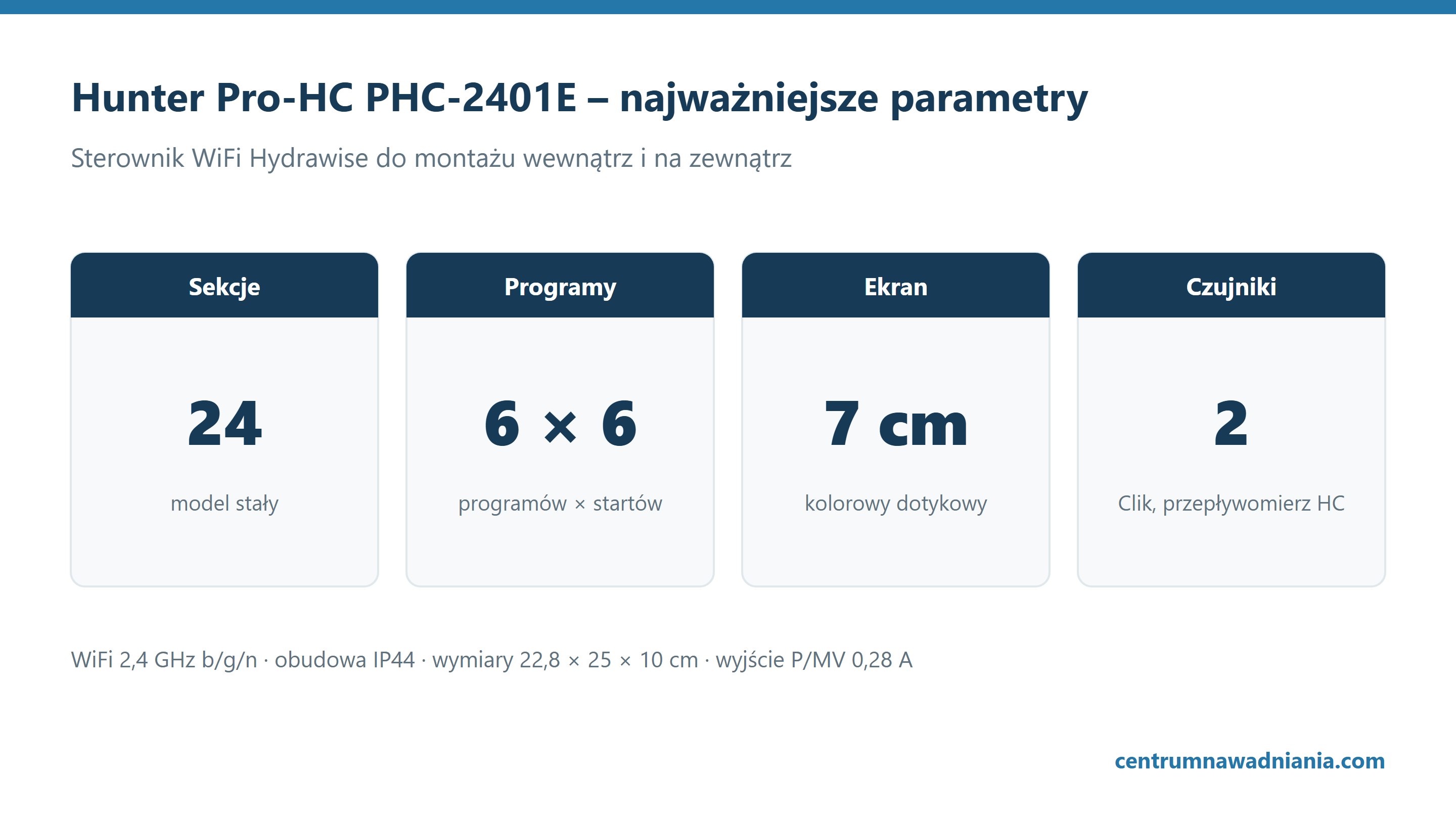 Hunter Pro-HC PHC-2401E – najważniejsze parametry: Sekcje 24, Programy 6 × 6, Ekran 7 cm, Czujniki 2